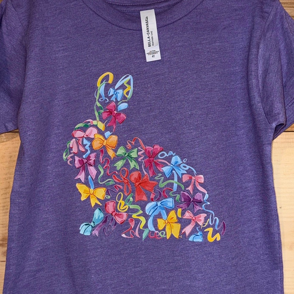 Bella Canvas Purple Tee with Colorful Bow Bunny Graphic